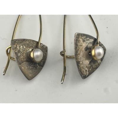 Sterling Silver Modernist Pearl Drop Earrings Mixed Metal Artisan Geo vtg Hoops - Thumbnail 8