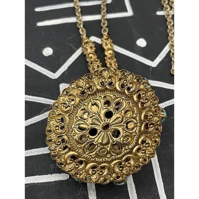 Vintage West Germany Turquoise Glass Statement Necklace Filigree Pendant 1960s - Thumbnail 10