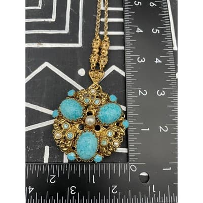 Vintage West Germany Turquoise Glass Statement Necklace Filigree Pendant 1960s - Thumbnail 14