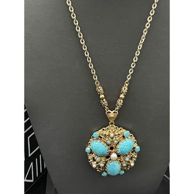 Vintage West Germany Turquoise Glass Statement Necklace Filigree Pendant 1960s - Thumbnail 2