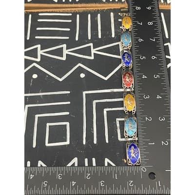 Vintage Siam Sterling Silver Enamel Bracelet Thai Dancer Panel Multicolor Niello - Thumbnail 11