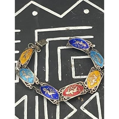 Vintage Siam Sterling Silver Enamel Bracelet Thai Dancer Panel Multicolor Niello - Thumbnail 8