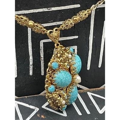 Vintage West Germany Turquoise Glass Statement Necklace Filigree Pendant 1960s - Thumbnail 5