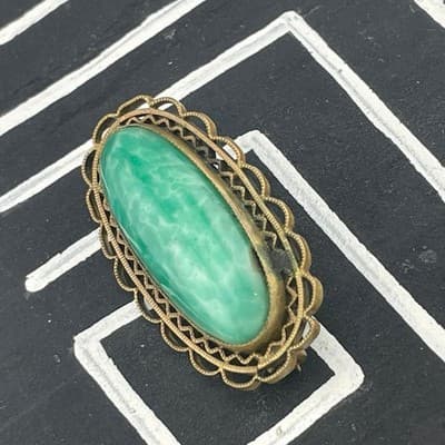 Vintage Art Deco Peking Glass Brooch Green Jade Glass Filigree Pin 20s 30s - Thumbnail 5