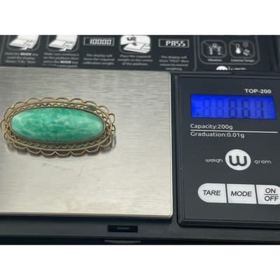 Vintage Art Deco Peking Glass Brooch Green Jade Glass Filigree Pin 20s 30s - Thumbnail 9