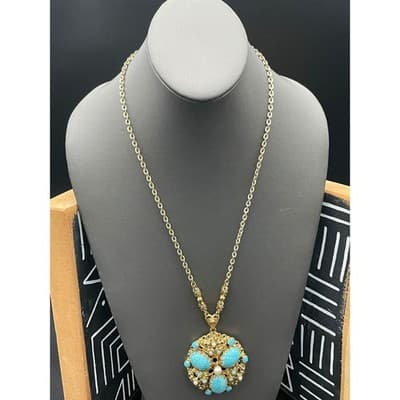 Vintage West Germany Turquoise Glass Statement Necklace Filigree Pendant 1960s - Thumbnail 4