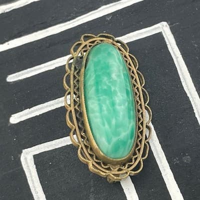 Vintage Art Deco Peking Glass Brooch Green Jade Glass Filigree Pin 20s 30s - Thumbnail 4