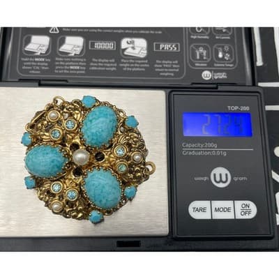 Vintage West Germany Turquoise Glass Statement Necklace Filigree Pendant 1960s - Thumbnail 15