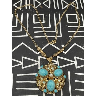 Vintage West Germany Turquoise Glass Statement Necklace Filigree Pendant 1960s - Thumbnail 8