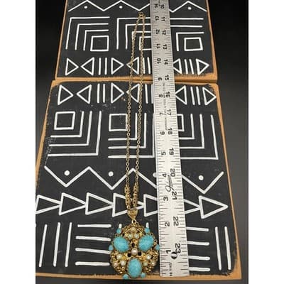 Vintage West Germany Turquoise Glass Statement Necklace Filigree Pendant 1960s - Thumbnail 13