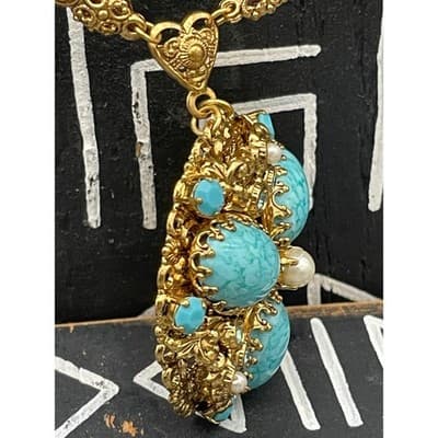 Vintage West Germany Turquoise Glass Statement Necklace Filigree Pendant 1960s - Thumbnail 7