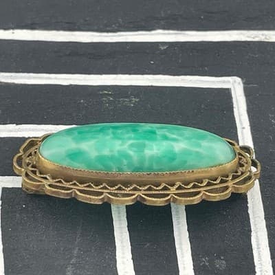 Vintage Art Deco Peking Glass Brooch Green Jade Glass Filigree Pin 20s 30s - Thumbnail 3