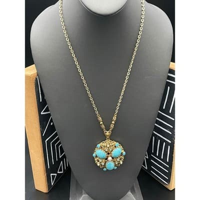 Vintage West Germany Turquoise Glass Statement Necklace Filigree Pendant 1960s - Thumbnail 3