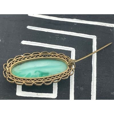 Vintage Art Deco Peking Glass Brooch Green Jade Glass Filigree Pin 20s 30s - Thumbnail 7