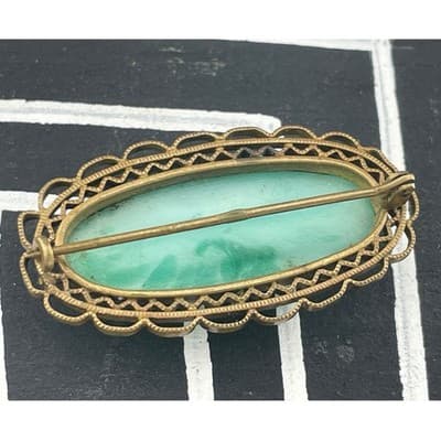 Vintage Art Deco Peking Glass Brooch Green Jade Glass Filigree Pin 20s 30s - Thumbnail 6