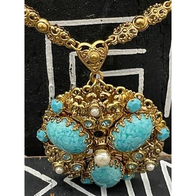 Vintage West Germany Turquoise Glass Statement Necklace Filigree Pendant 1960s - Thumbnail 6