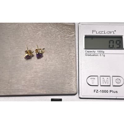 Vintage 14K Gold Amethyst Heart Stud Earrings Petite Leaf Dainty Feb Birthstone - Thumbnail 21
