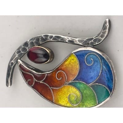 Artisan Sterling Silver Rainbow Enamel Garnet Brooch Abstract Modernist Studio - Thumbnail 7