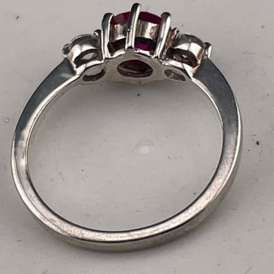 Sterling Silver Lab Ruby Three Stone Ring Size 8 Pink Red Corundum CZ Accent - Thumbnail 9
