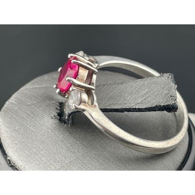 Sterling Silver Lab Ruby Three Stone Ring Size 8 Pink Red Corundum CZ Accent - Thumbnail 4