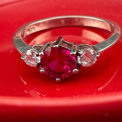 Sterling Silver Lab Ruby Three Stone Ring Size 8 Pink Red Corundum CZ Accent - Thumbnail 5