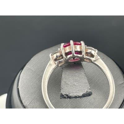 Sterling Silver Lab Ruby Three Stone Ring Size 8 Pink Red Corundum CZ Accent - Thumbnail 3