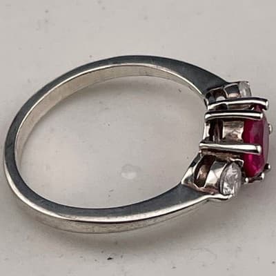 Sterling Silver Lab Ruby Three Stone Ring Size 8 Pink Red Corundum CZ Accent - Thumbnail 8