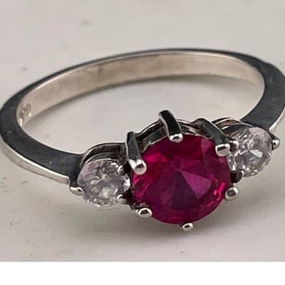 Sterling Silver Lab Ruby Three Stone Ring Size 8 Pink Red Corundum CZ Accent - Thumbnail 6