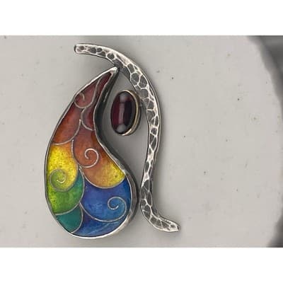 Artisan Sterling Silver Rainbow Enamel Garnet Brooch Abstract Modernist Studio - Thumbnail 6