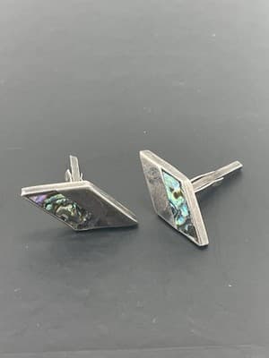 Vintage Taxco Sterling Cufflinks Inlaid Abalone Mexico 925 Silver MCM Modernist - Thumbnail 2