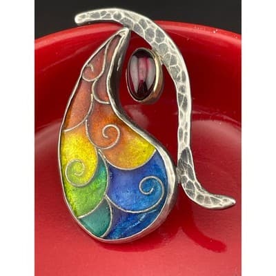 Artisan Sterling Silver Rainbow Enamel Garnet Brooch Abstract Modernist Studio - Thumbnail 2