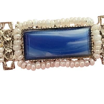 Vtg Miriam Haskell Brooch Signed Blue Glass handwired pearl filigree 40s 50s 3"+ - Thumbnail 2