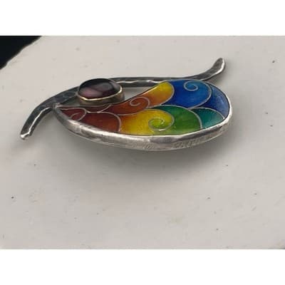 Artisan Sterling Silver Rainbow Enamel Garnet Brooch Abstract Modernist Studio - Thumbnail 5