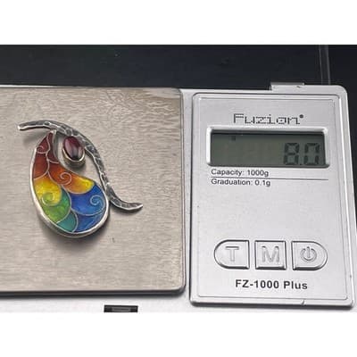 Artisan Sterling Silver Rainbow Enamel Garnet Brooch Abstract Modernist Studio - Thumbnail 12