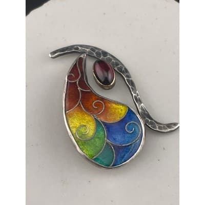 Artisan Sterling Silver Rainbow Enamel Garnet Brooch Abstract Modernist Studio - Thumbnail 3