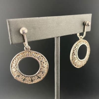 Vintage Sterling Silver Filigree Circle Drop Hoop Clip-On Earrings mid century - Thumbnail 4