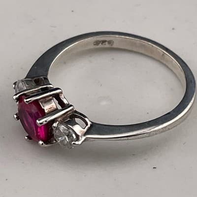 Sterling Silver Lab Ruby Three Stone Ring Size 8 Pink Red Corundum CZ Accent - Thumbnail 7