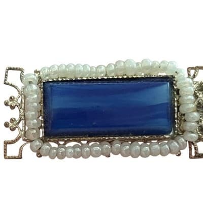 Vtg Miriam Haskell Brooch Signed Blue Glass handwired pearl filigree 40s 50s 3"+ - Thumbnail 4