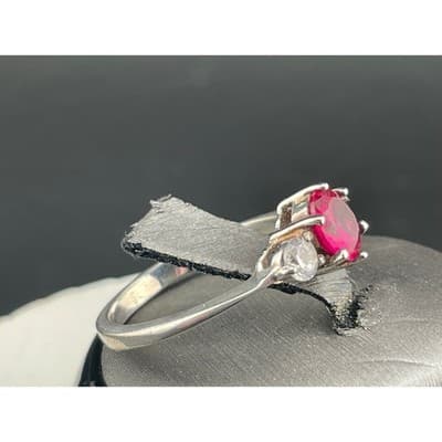 Sterling Silver Lab Ruby Three Stone Ring Size 8 Pink Red Corundum CZ Accent - Thumbnail 2
