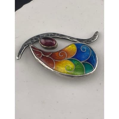 Artisan Sterling Silver Rainbow Enamel Garnet Brooch Abstract Modernist Studio - Thumbnail 4