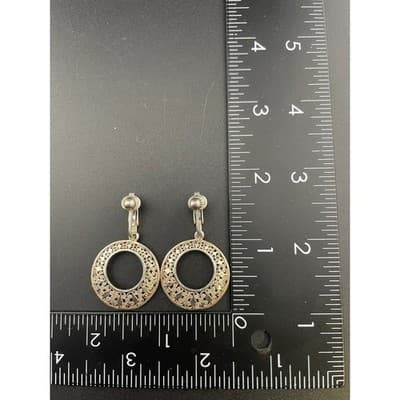 Vintage Sterling Silver Filigree Circle Drop Hoop Clip-On Earrings mid century - Thumbnail 10
