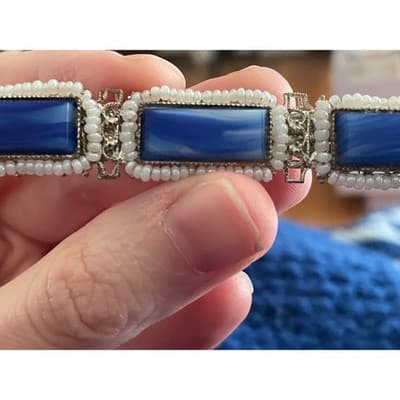 Vtg Miriam Haskell Brooch Signed Blue Glass handwired pearl filigree 40s 50s 3"+ - Thumbnail 5