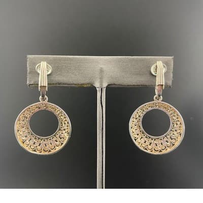Vintage Sterling Silver Filigree Circle Drop Hoop Clip-On Earrings mid century - Thumbnail 5