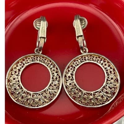 Vintage Sterling Silver Filigree Circle Drop Hoop Clip-On Earrings mid century - Thumbnail 7