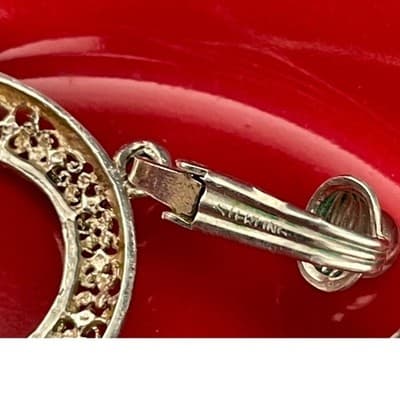 Vintage Sterling Silver Filigree Circle Drop Hoop Clip-On Earrings mid century - Thumbnail 8