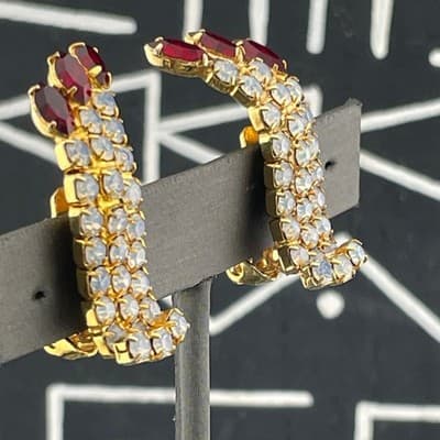 Vintage Opalescent Rhinestone Demi Parure Brooch & Clip Earrings Set Ruby Red - Thumbnail 9