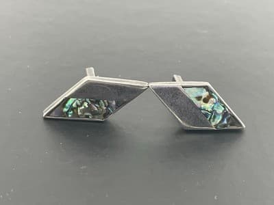 Vintage Taxco Sterling Cufflinks Inlaid Abalone Mexico 925 Silver MCM Modernist - Thumbnail 3