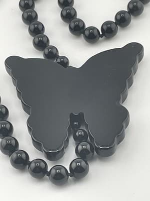 Vintage Mexican Onyx Necklace Black Beaded Carved Butterfly Hand Knotted Estate - Thumbnail 3