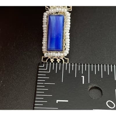 Vtg Miriam Haskell Brooch Signed Blue Glass handwired pearl filigree 40s 50s 3"+ - Thumbnail 10