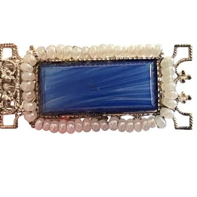 Vtg Miriam Haskell Brooch Signed Blue Glass handwired pearl filigree 40s 50s 3"+ - Thumbnail 3